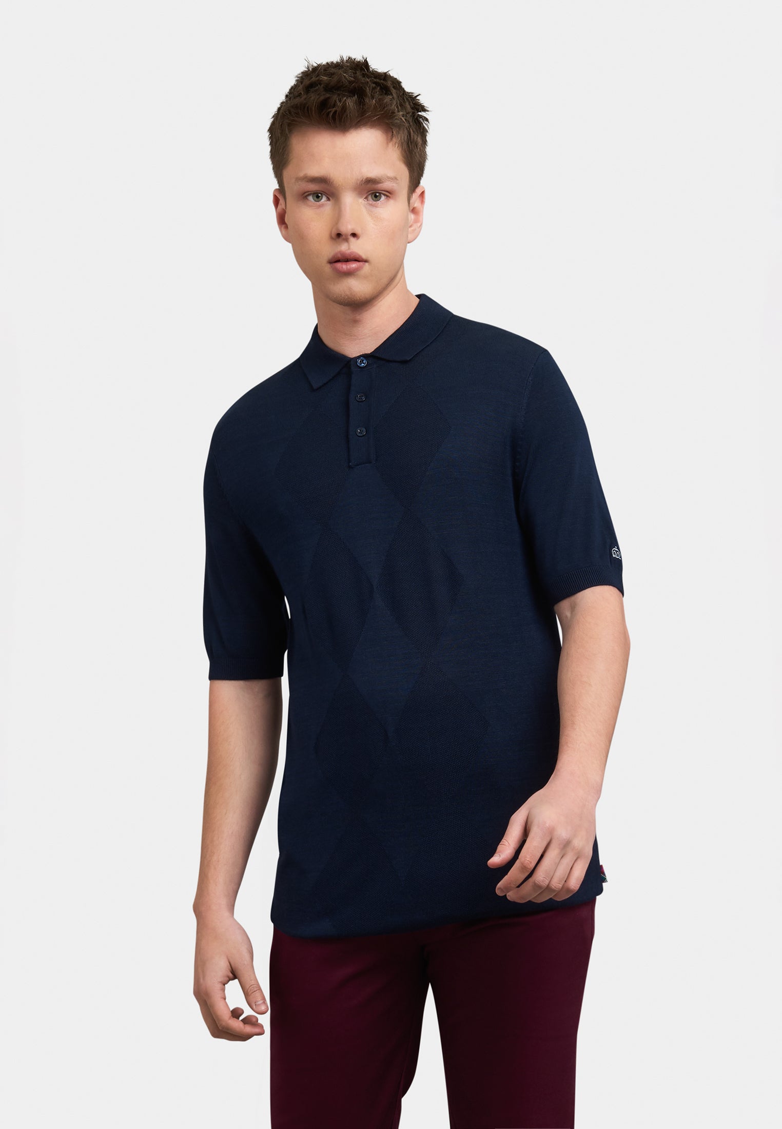 Stokes Argyle Knitted Polo Shirt Front - Merc London