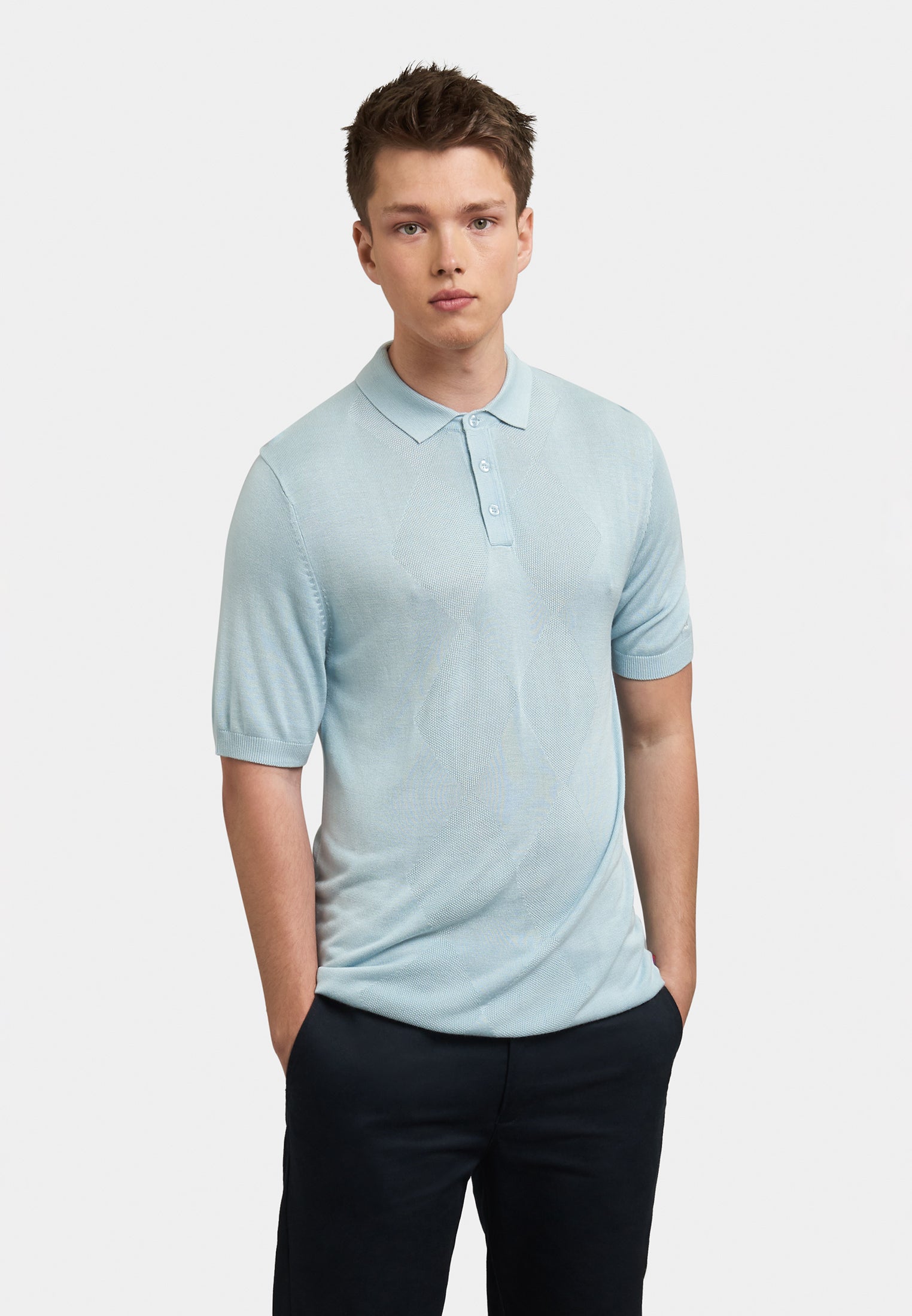 Stokes Argyle Knitted Polo Shirt Front - Merc London