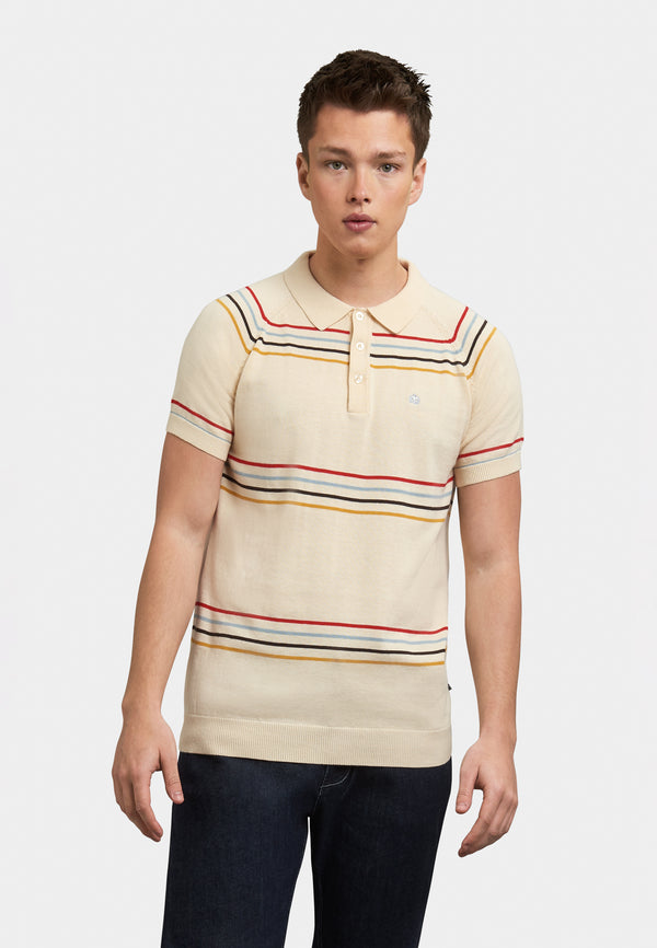 colour_Ivory | Madison Stripes Knitted Polo Shirt Front - Merc London