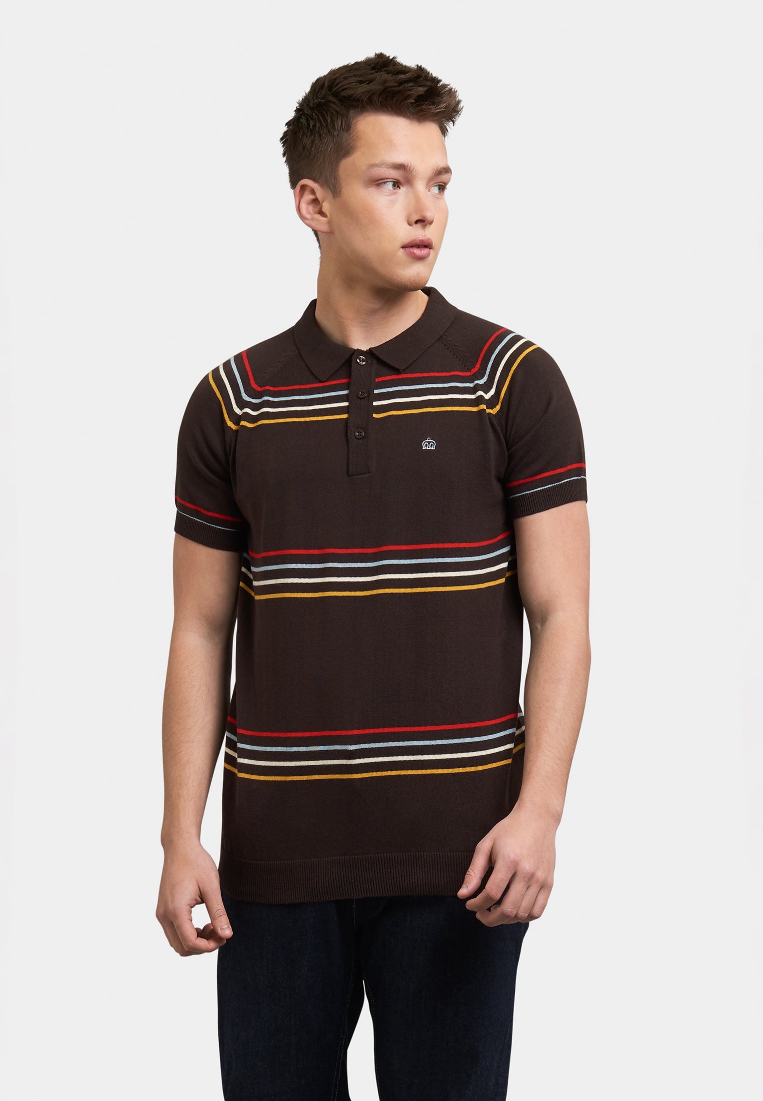 Madison Stripes Knitted Polo Shirt Front - Merc London