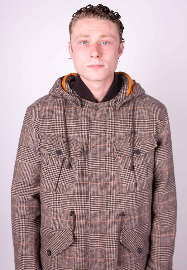 colour_Brown|Amersham Padded Wool Check Parka - Merc London