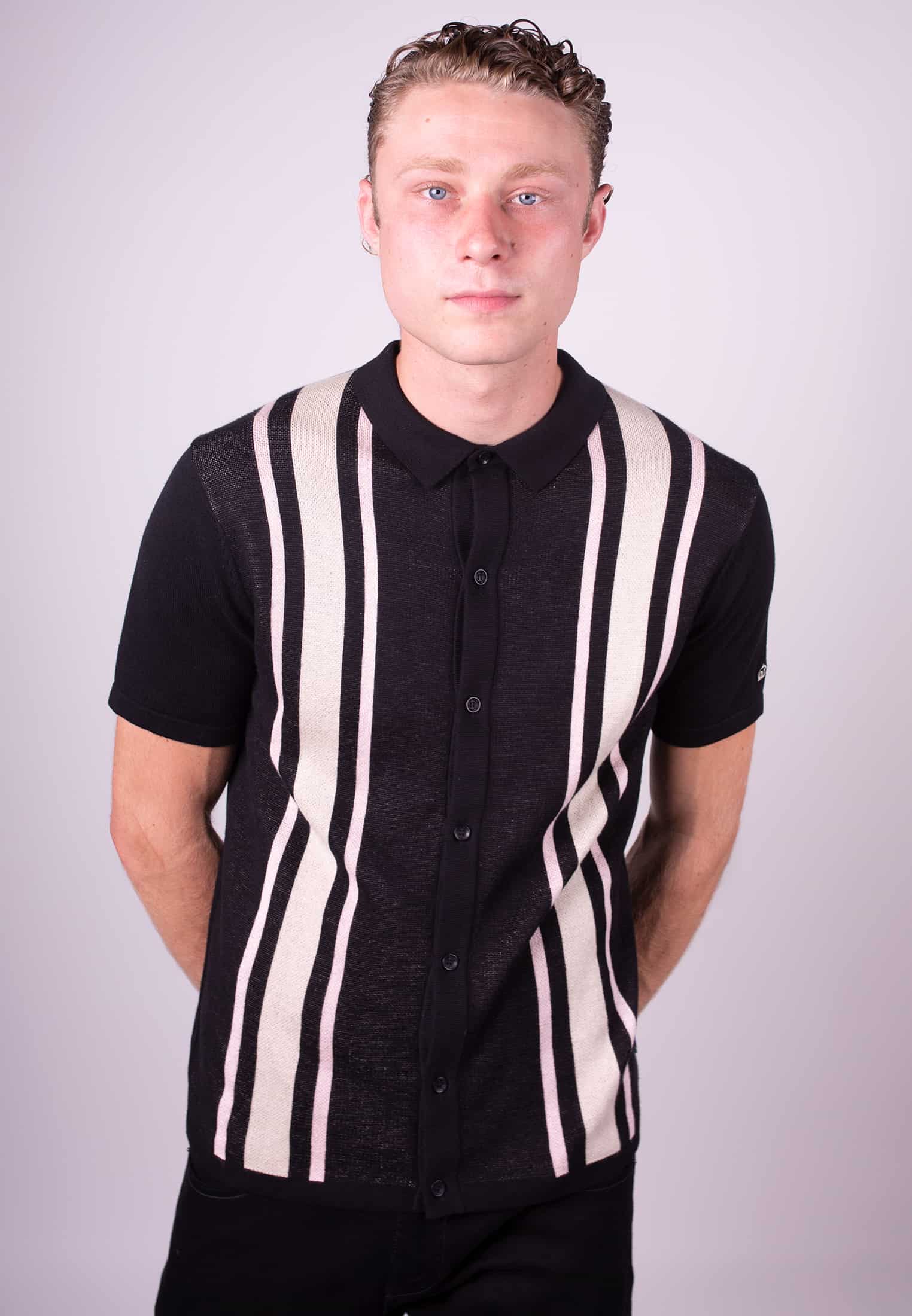 Edenbridge Striped Knitted Polo Shirt Front - Merc London