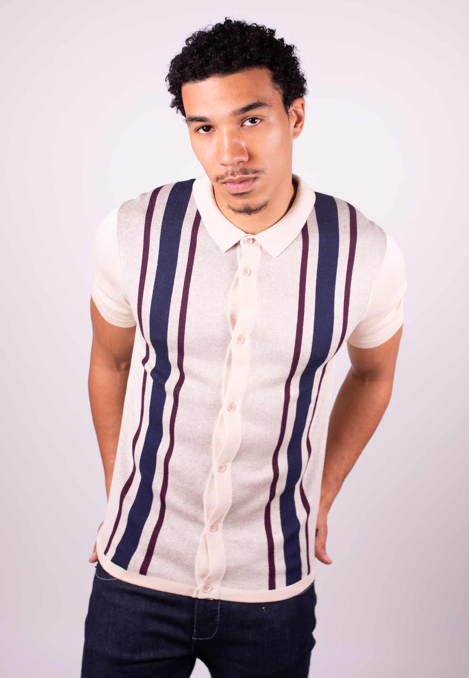 Edenbridge Striped Knitted Polo Shirt Front - Merc London