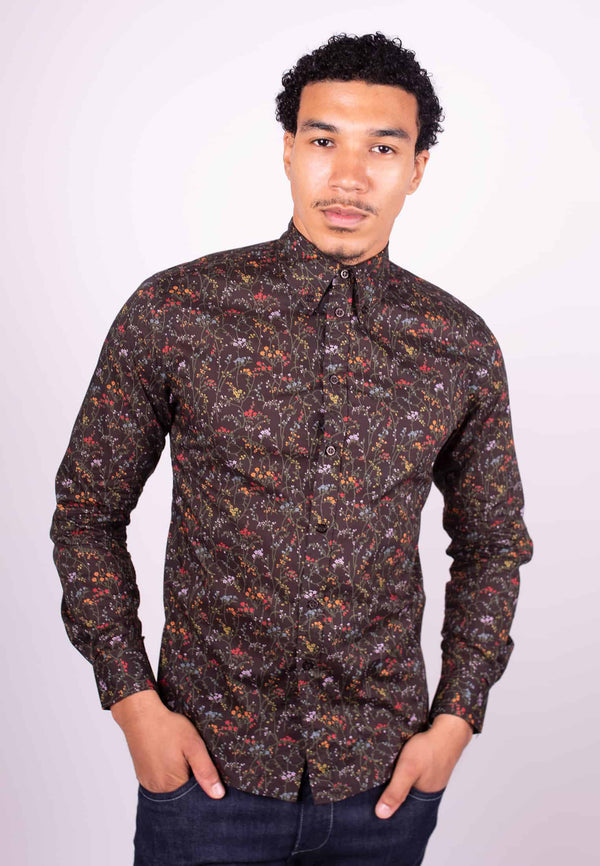 colour_Dark Brown|Liberty Fabric Foliage Print Shirt Gerrard Dark Brown Front