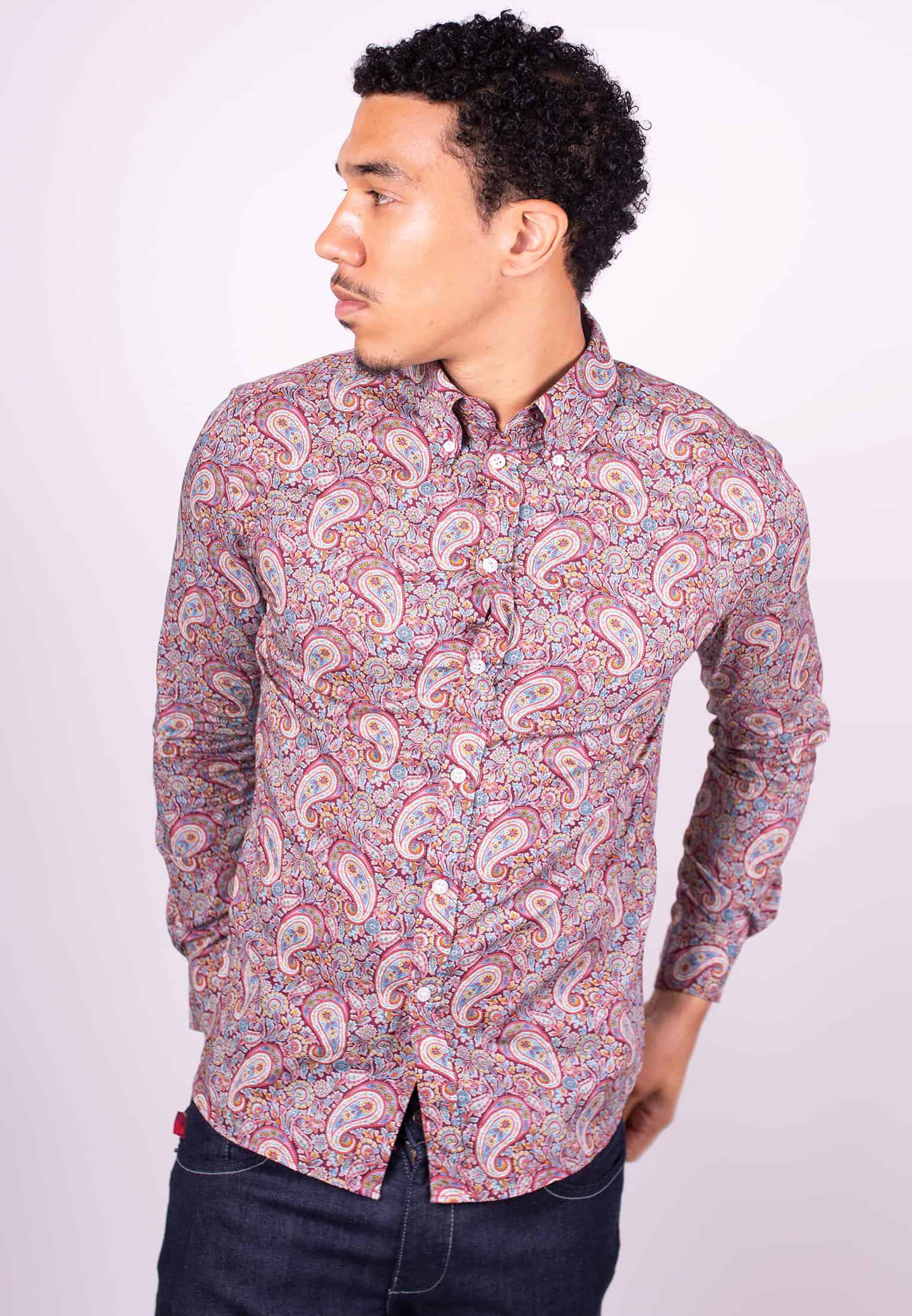 Liberty Fabric Paisley Print Shirt Kingly Burgandy Front