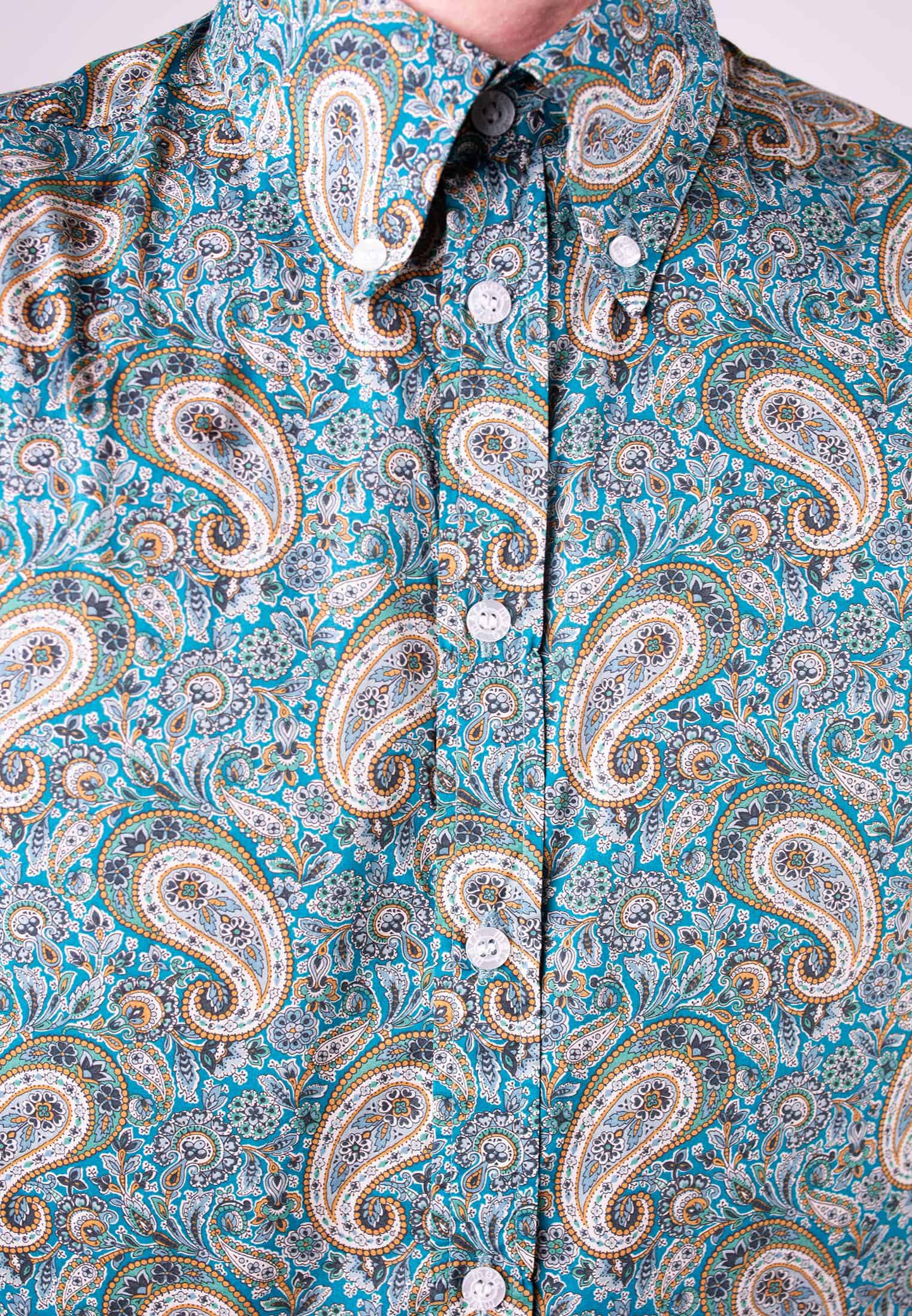 Liberty Fabric Paisley Print Shirt Kingly Green Buttons