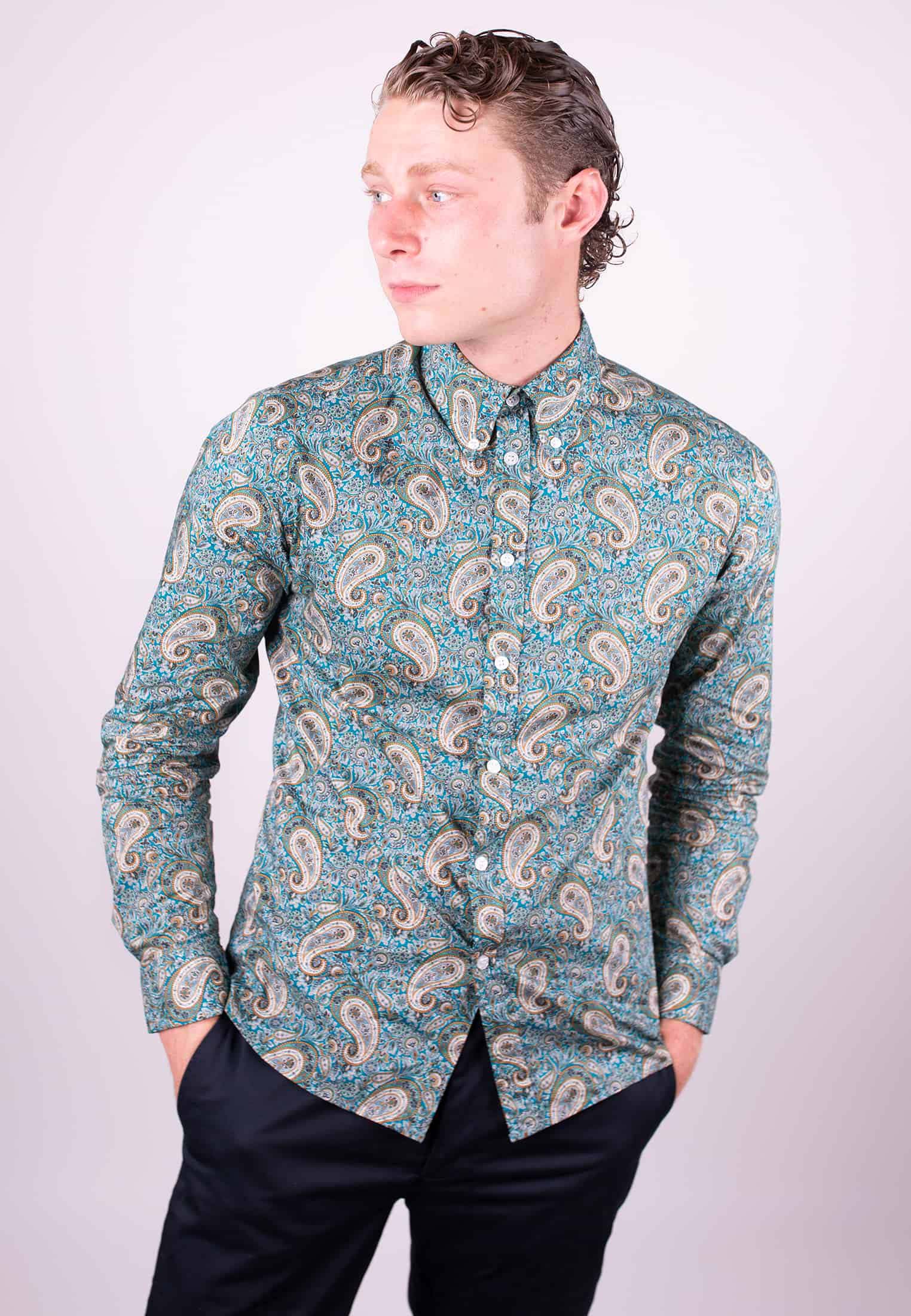 Liberty Fabric Paisley Print Shirt Kingly Green Front