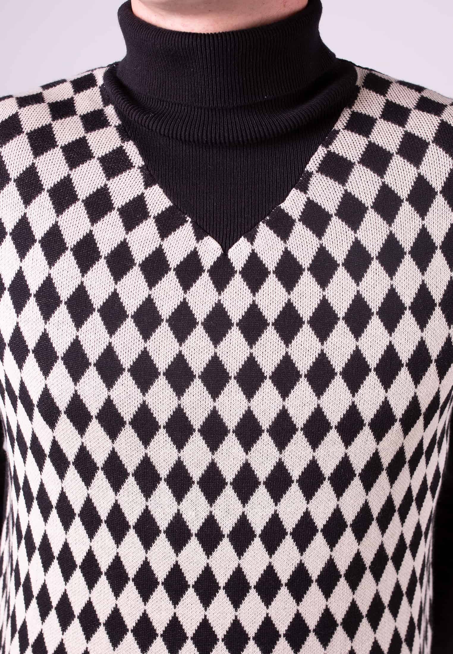 colour_Black|Malvern Argyle Pattern Roll Neck Men's Jumper
