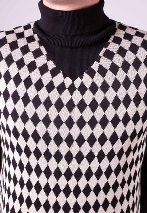 colour_Black|Malvern Argyle Pattern Roll Neck Men's Jumper