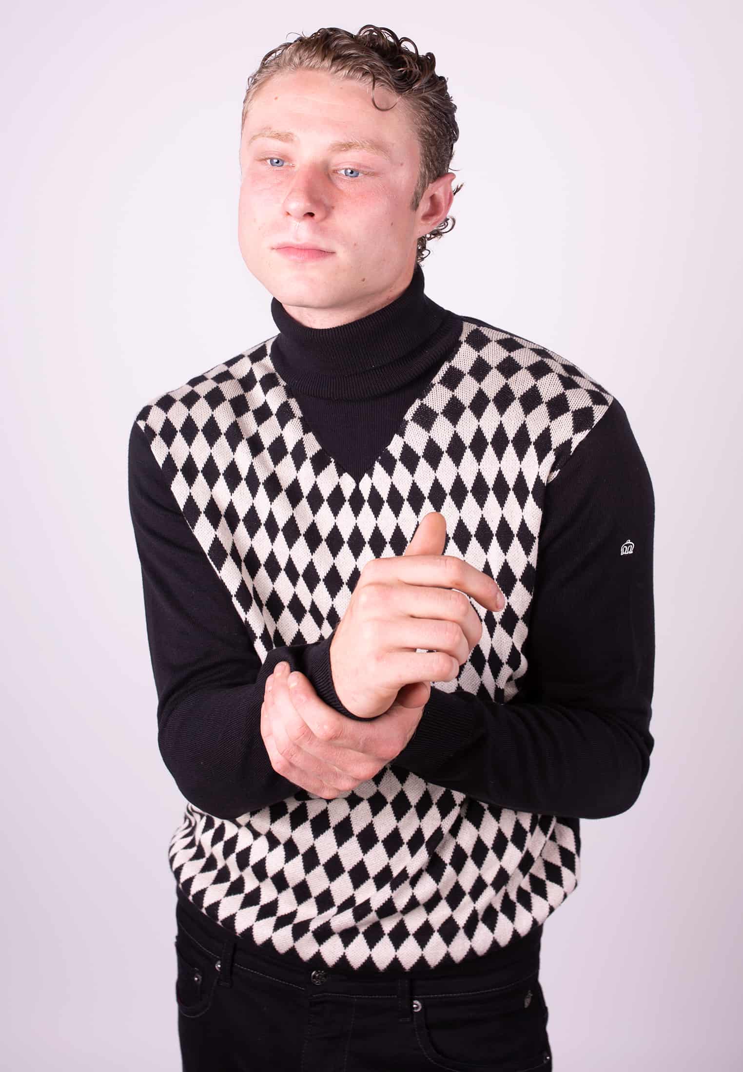 colour_Black|Malvern Argyle Pattern Roll Neck Men's Jumper Front