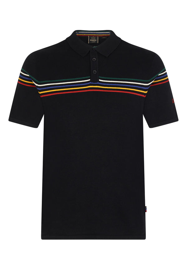 Colour_Black|Hickory Tartan Stripe Mens Knitted Polo Shirt In Black